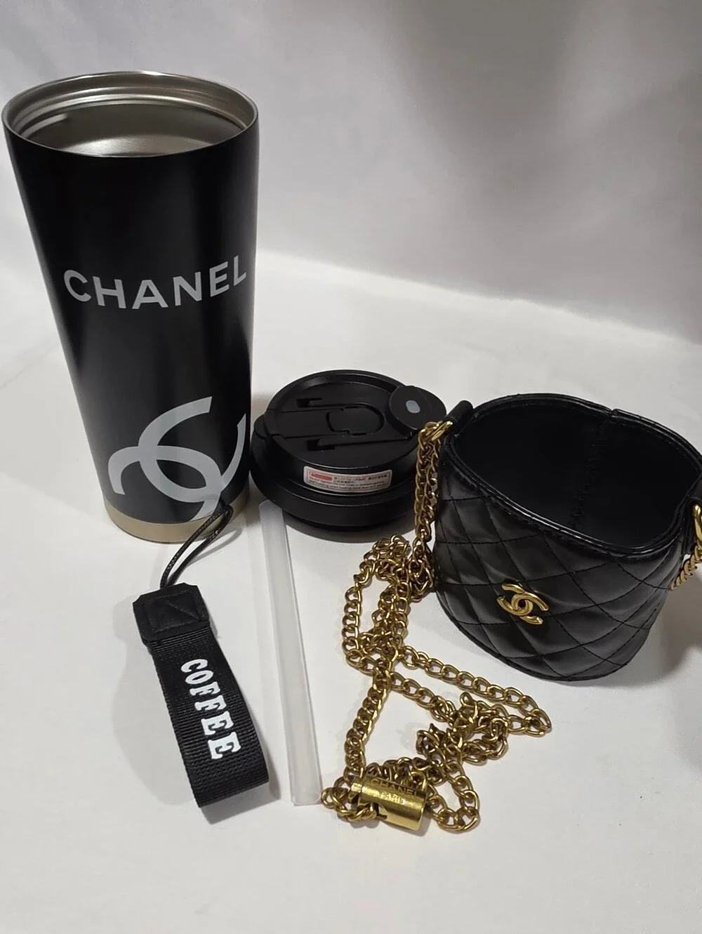 CHANEL Black Quilted Leather Cup Holder Crossbody Tumbler Hot/Cold Gold Chain